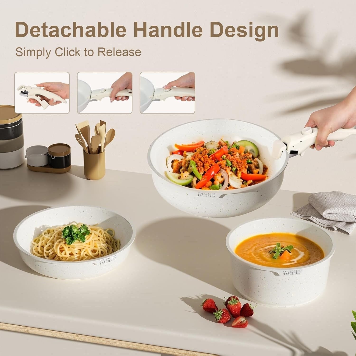 13pcs White Non Stick Cookware Set Pots and Pans with Detachable Handle
