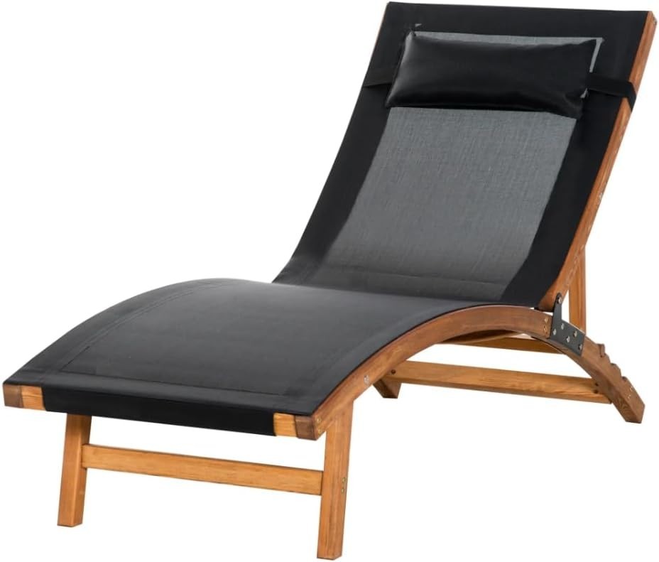 Adjustable Wooden Sun Lounger with Cushion Rustic Outdoor Patio Daybed