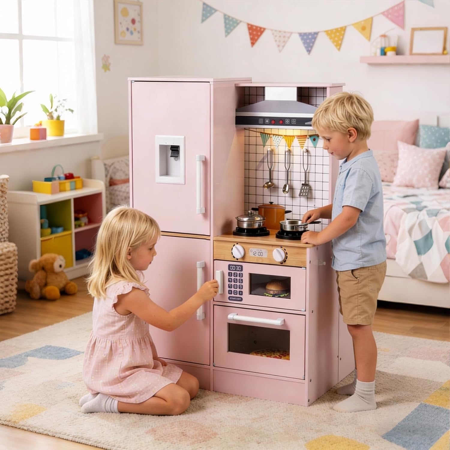 Kids Wooden Play Kitchen Laundry Set Lights Sounds Pink Toy Kitchen