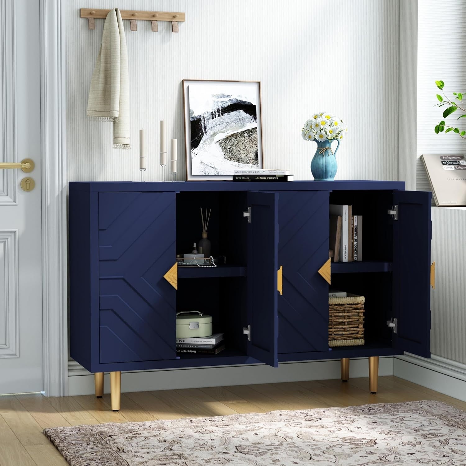 Blue Modern Sideboard Cabinet 4 Door Waterproof Storage Buffet Table
