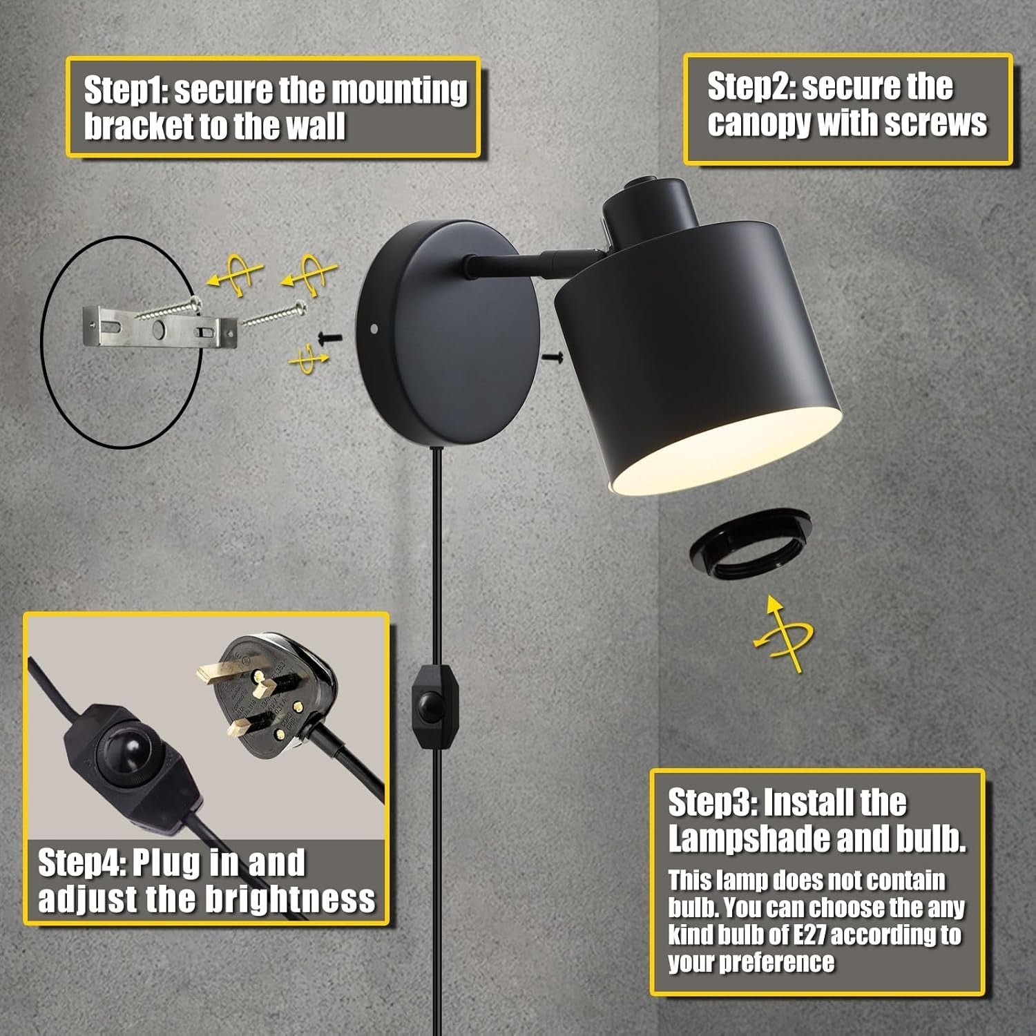 Dimmable 360° Rotatable Wall Lamp, Plug-In LED Sconce Light for Bedroom