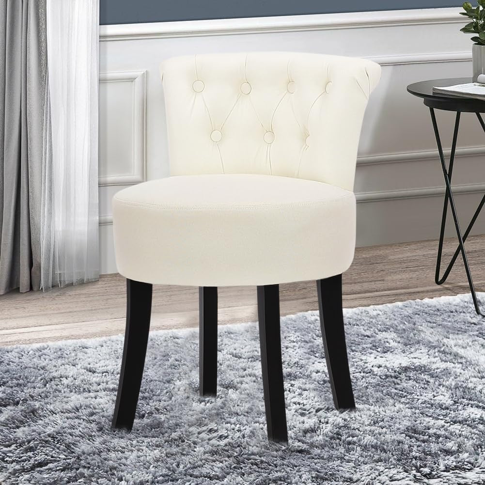 Beige Linen Vanity Chair with Tufted Back & Solid Wood Legs – Comfy Makeup Stool