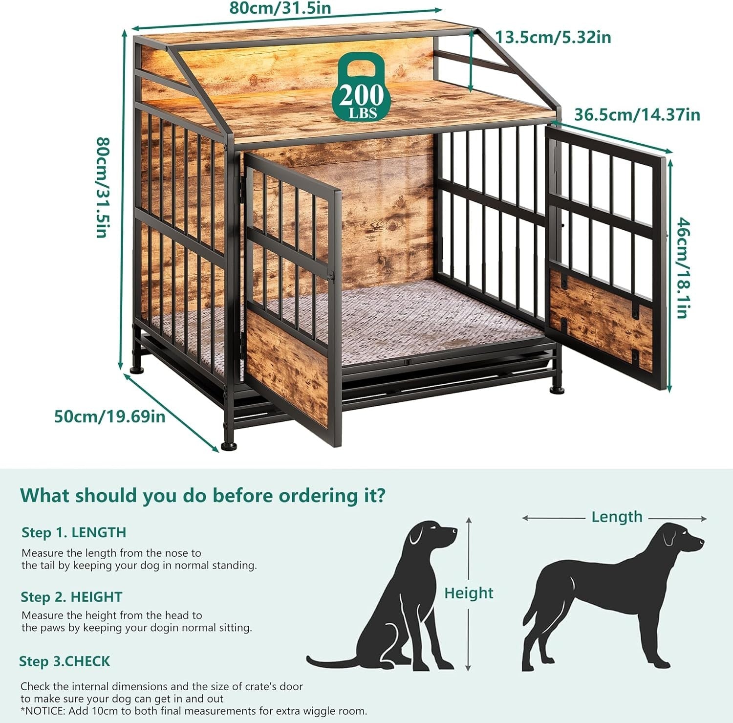Rustic Dog Crate Furniture with LED Light & Removable Tray – Medium Size