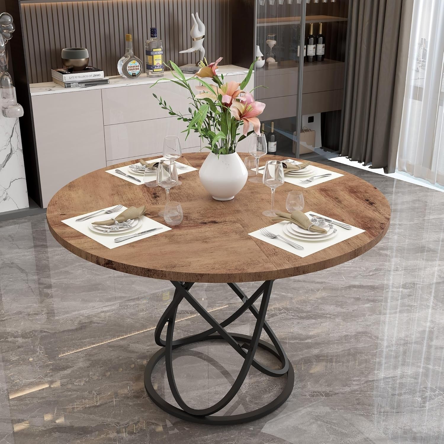 Round Rustic Dining Table 6-8 Seater Wood Metal Base Kitchen 120cm