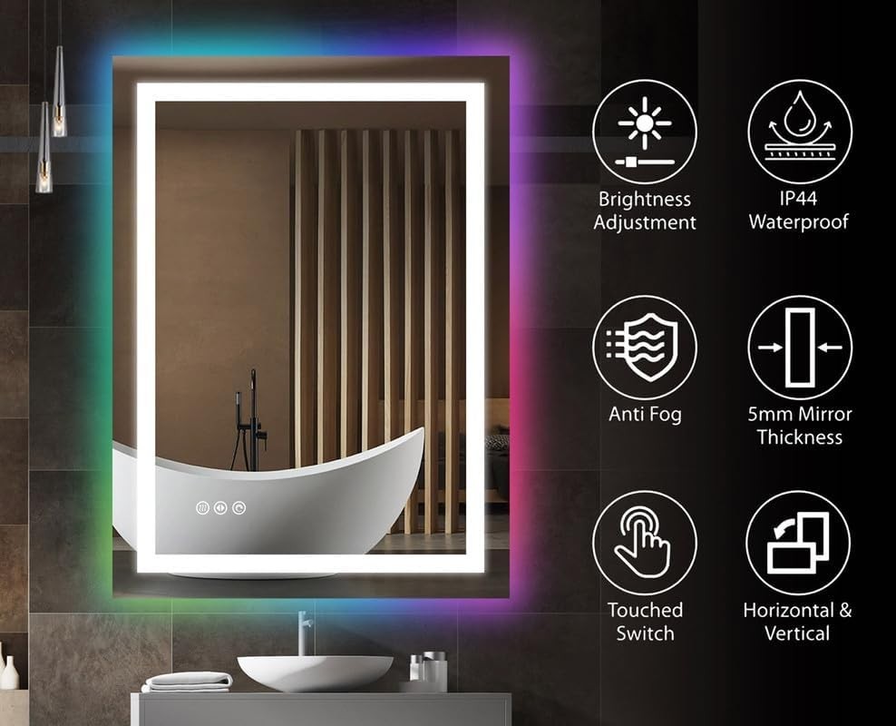 LED Bathroom Mirror 70x50cm RGB Light Anti-Fog Wall Mount Touch Dim