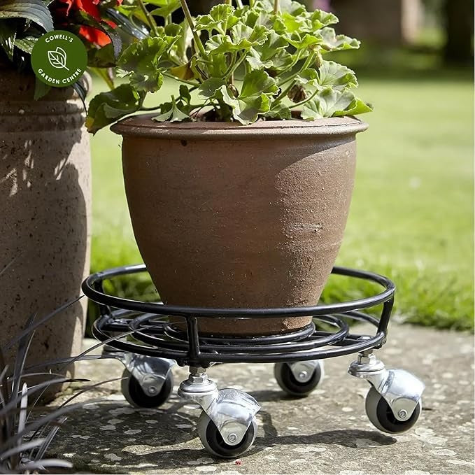 Heavy Duty Metal Plant Pot Stand with Wheels Round Flower Caddy Trolley Black