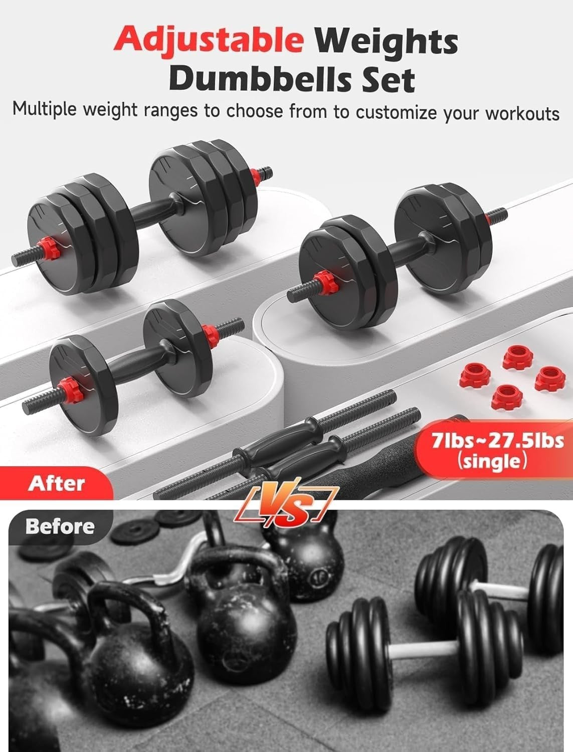 Adjustable Dumbbells Set 3 in 1 55–90LB Barbell Kettlebell Home Gym
