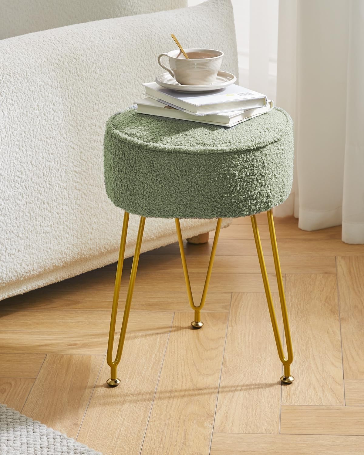 Teddy Velvet Round Footrest Ottoman – Makeup Vanity Stool with Steel Legs
