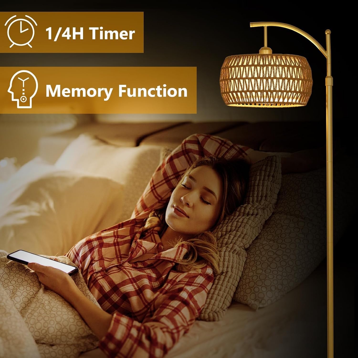 Rattan Floor Lamp Remote Control Dimmable LED Boho Gold Standing Light