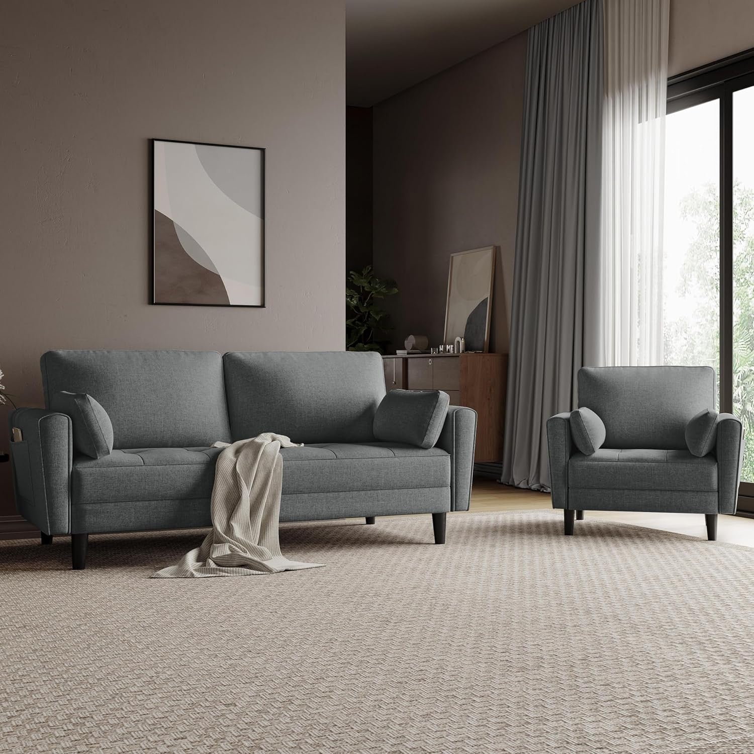 Dark Grey Tufted Tub Chair Oversized Armchair with Pillows