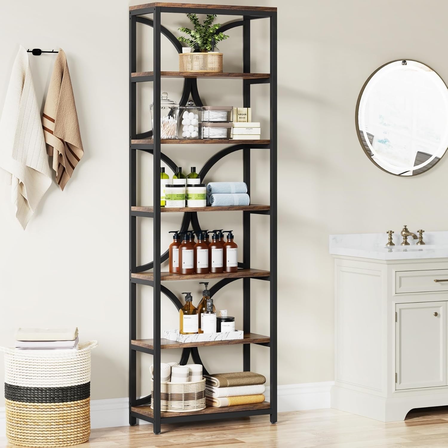 Tall Industrial 6-Tier Bookcase with Metal Frame, Narrow Storage Shelf 200cm