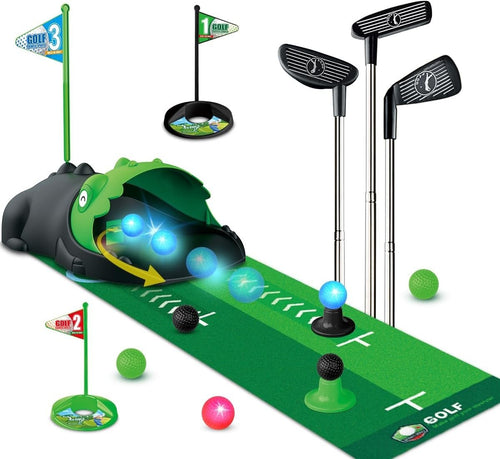 Kids Golf Set Dinosaur Auto Ball Return LED Golf Balls Putting Mat 26”