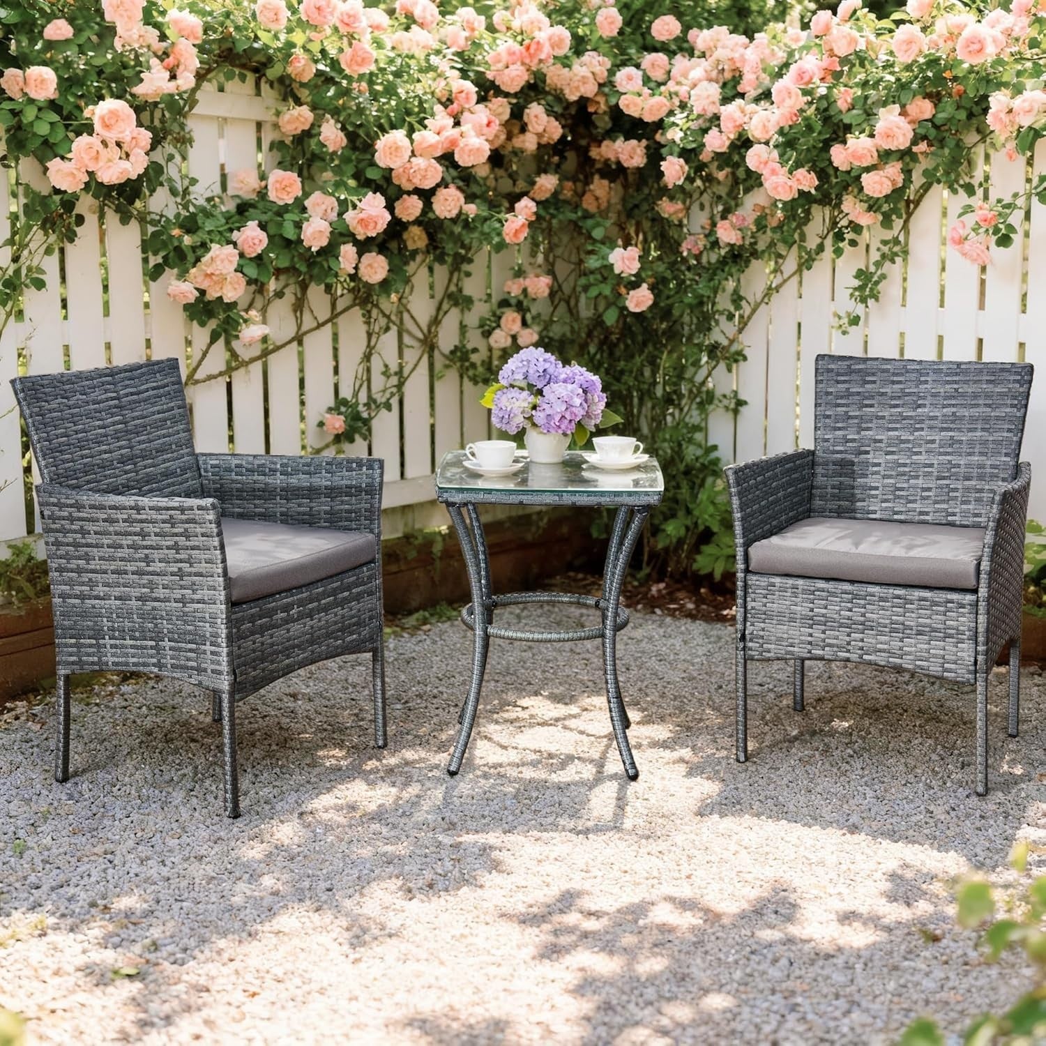 3pc Grey Rattan Bistro Set Balcony Garden Chairs Glass Table Patio Seating