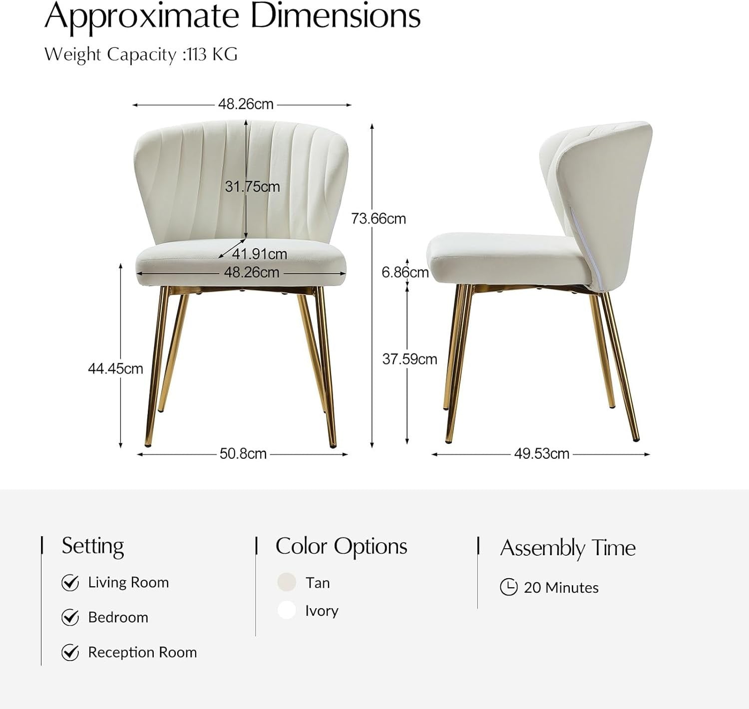 White Velvet Modern Dining & Vanity Chair – Upholstered Seat with Metal Legs