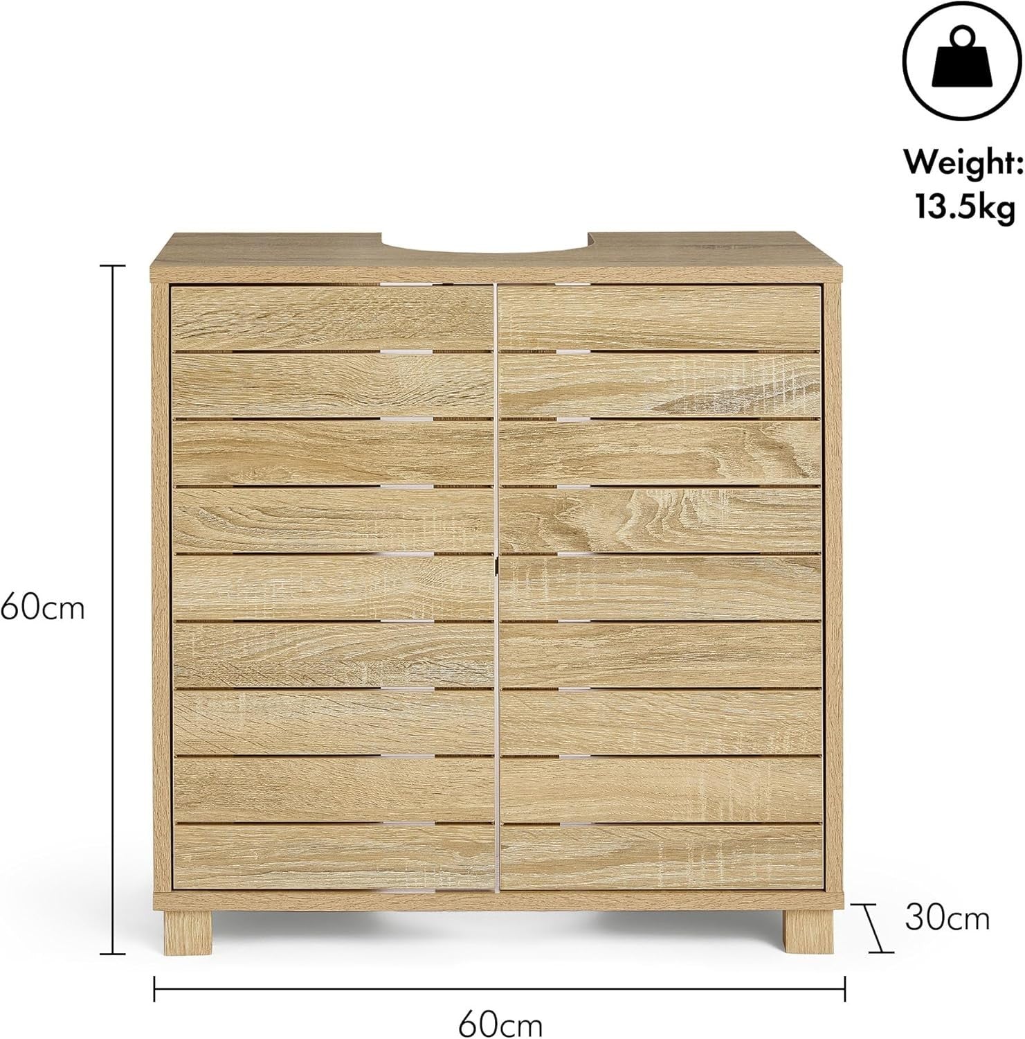 Under Sink Bathroom Cabinet Oak Effect with 2 Shelves Space-Saving Storage