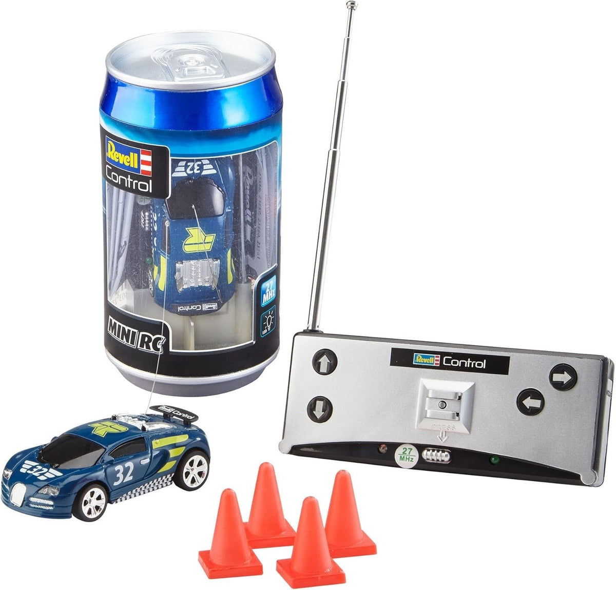 Mini RC Racing Car in Can – 27MHz Remote Control Toy with Cones, Blue 8cm