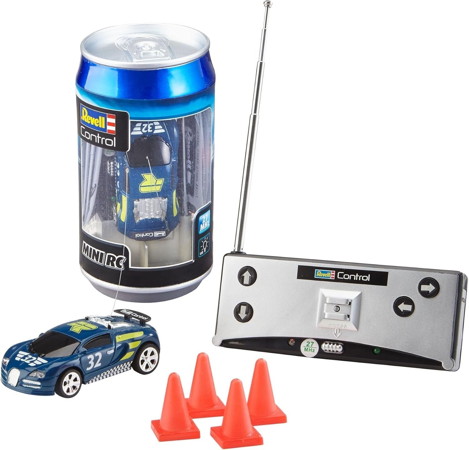 Mini RC Racing Car in Can – 27MHz Remote Control Toy with Cones, Blue 8cm