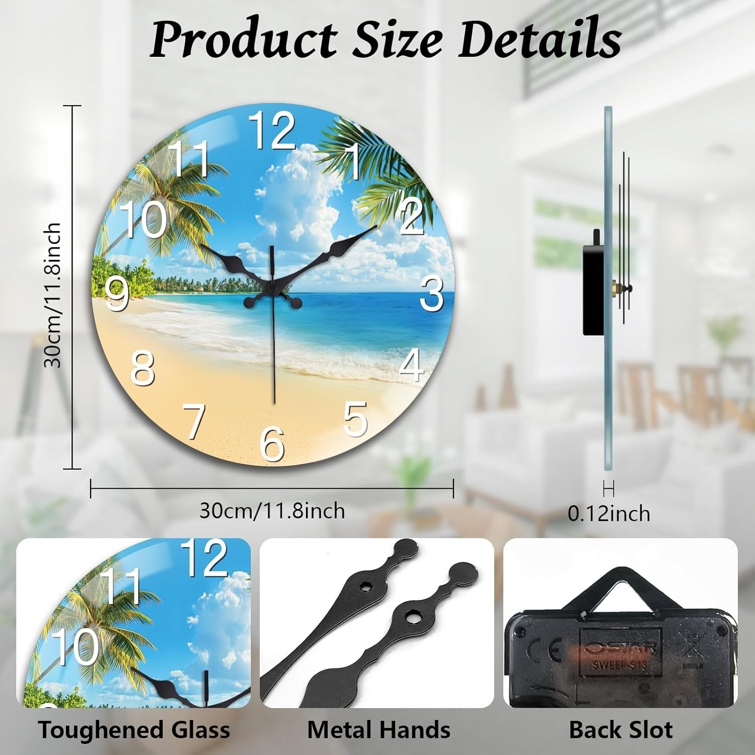 30cm Ocean Beach Wall Clock – Silent Non-Ticking Glass Art Coastal Design
