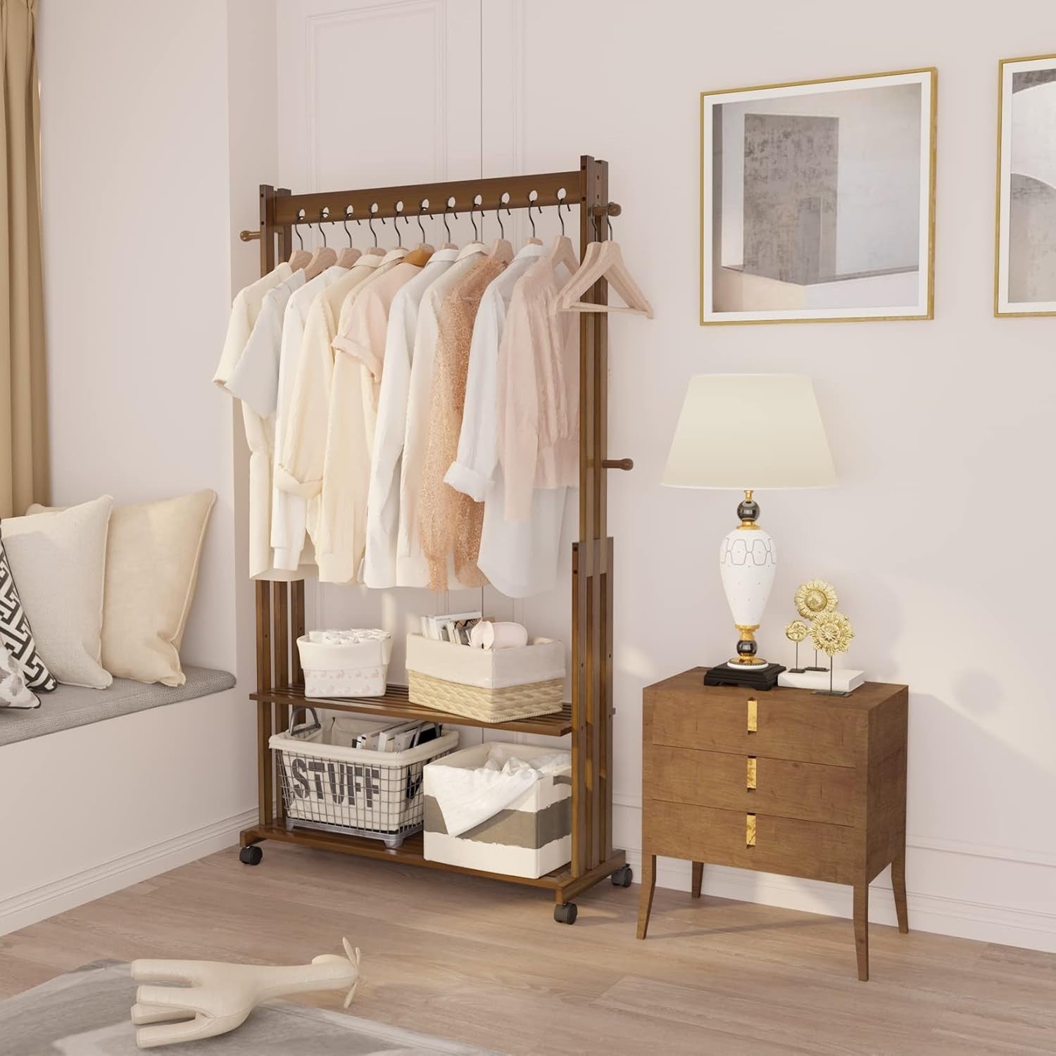 Bamboo Clothes Rack Stand on Wheels – Open Wardrobe with Shelves 90cm