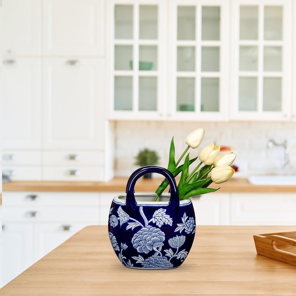 Blue White Ceramic Flower Vase Handbag Style Chinoiserie Table Decor 23cm
