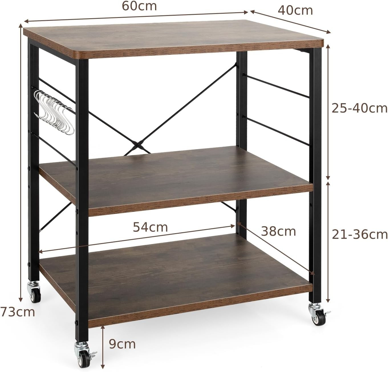 Kitchen Bakers Rack Rolling Cart Microwave Stand 3 Tier Shelves Wheels