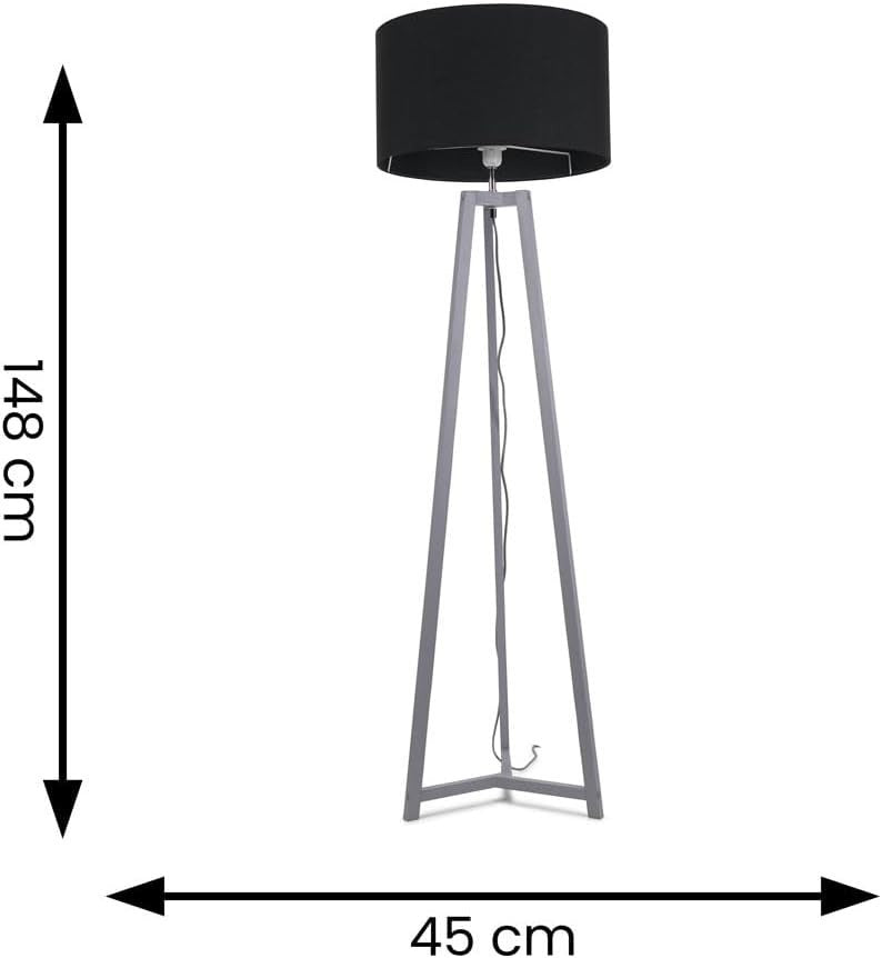 Grey Wooden Tripod Floor Lamp Black Fabric Drum Shade LED Light