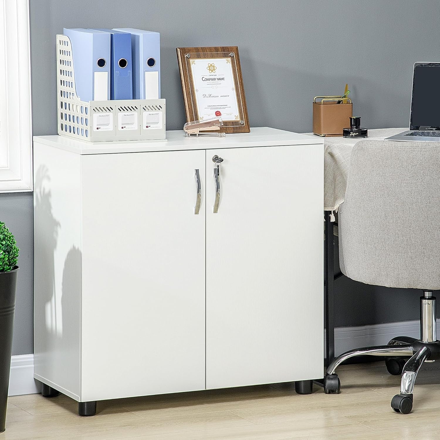 Lockable Filing Cabinet 2-Door Storage Cupboard, 80cm White Office Unit