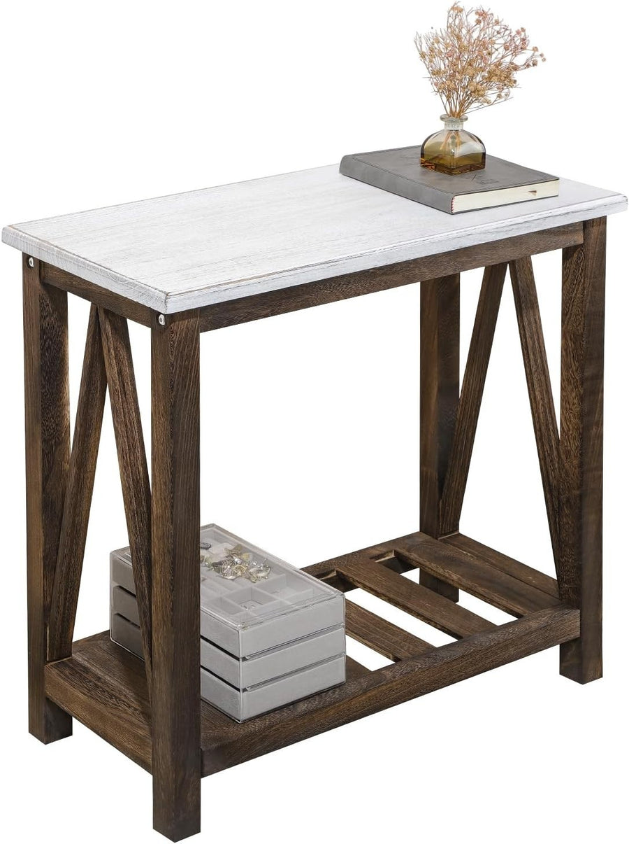 Rustic White & Brown Farmhouse Side Table with Storage Shelves, Compact Nightsta