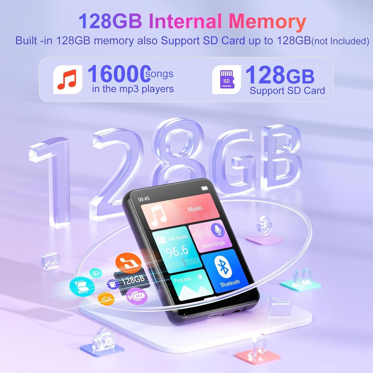 128GB MP3 Player Bluetooth 5.4 2.4" Touch FM Speaker