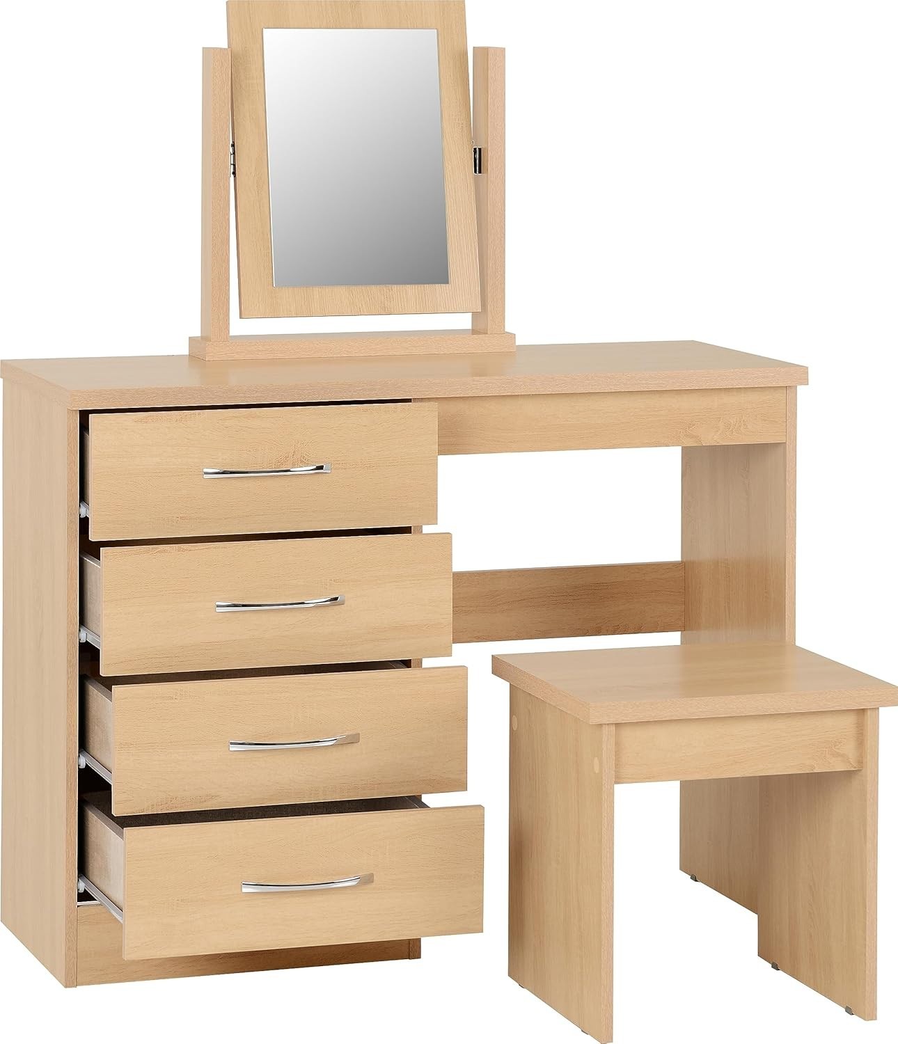 4 Drawer Dressing Table Set with Mirror & Stool Oak Effect Modern Furniture