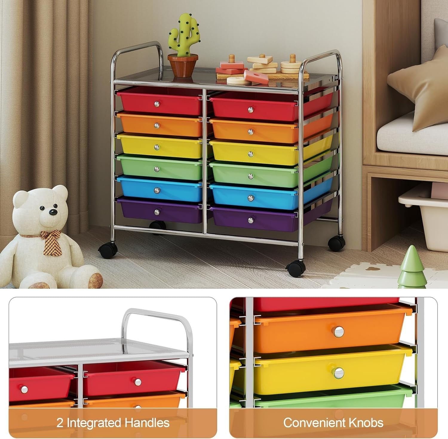 12 Drawer Rolling Storage Cart Multi Color Utility Trolley Organizer