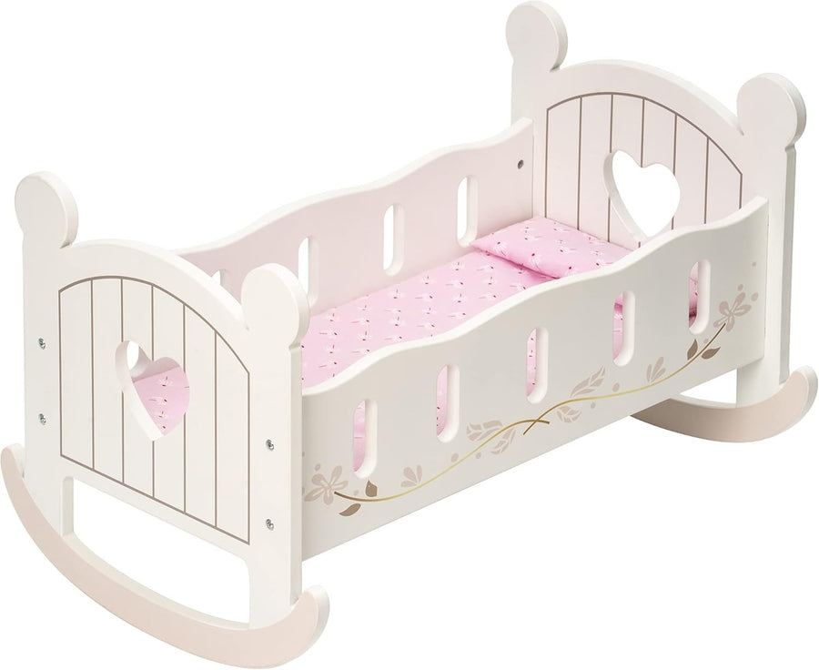Wooden Doll Crib Bed with Bedding Rocking Cot Toy Furniture Gift for Kids