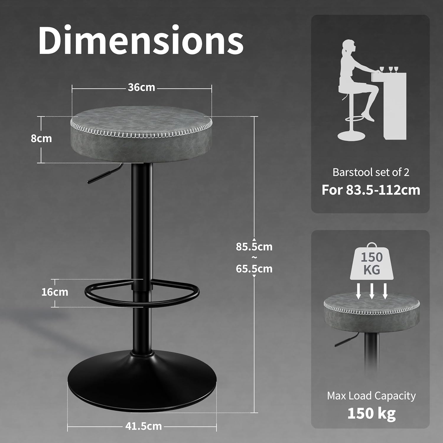 Adjustable Grey Bar Stools Set of 2 Swivel Faux Leather 36x36x85.5cm