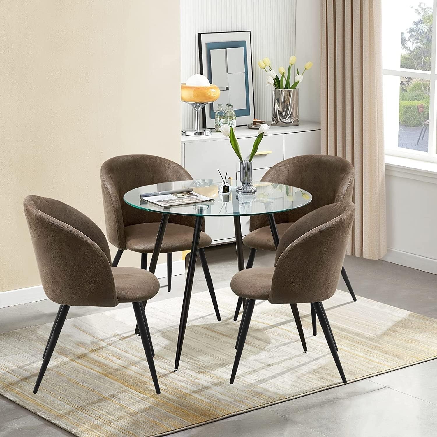 Round Glass Dining Table 90cm Modern Small Kitchen Dining Room Black Legs