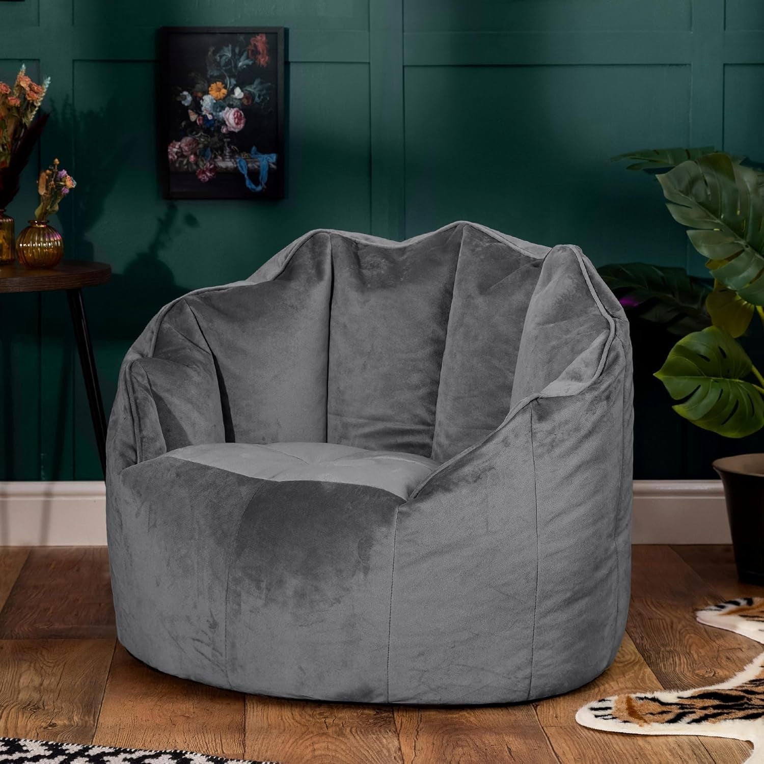 Large Velvet Bean Bag Chair Grey | Comfy Lounge Seat for Adults Room