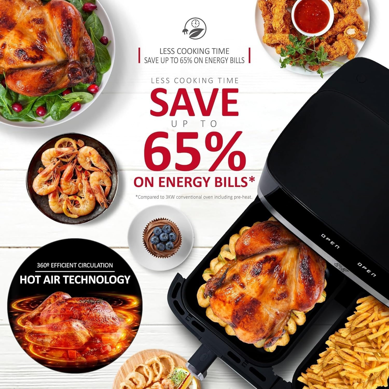9L Dual Basket Air Fryer 2700W Digital Touch 80-200°C 60min Timer XL Black