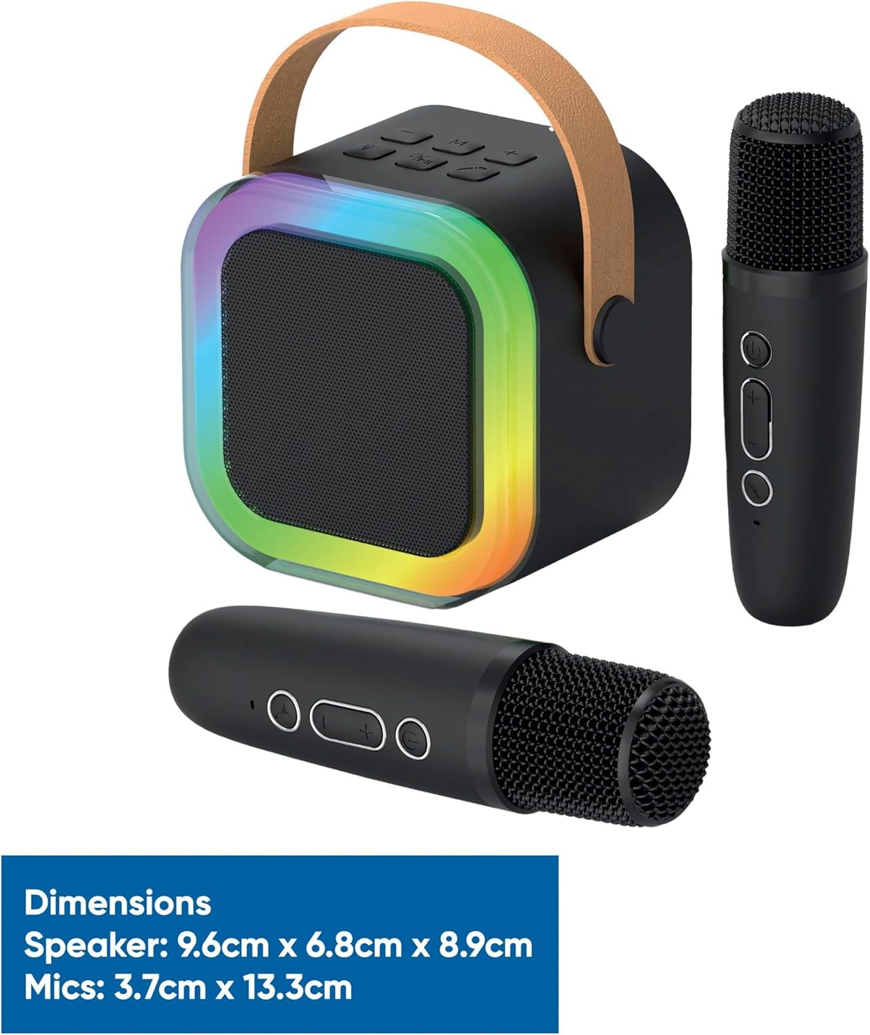 Black Mini Karaoke Machine with 2 Wireless Mics LED Bluetooth Speaker