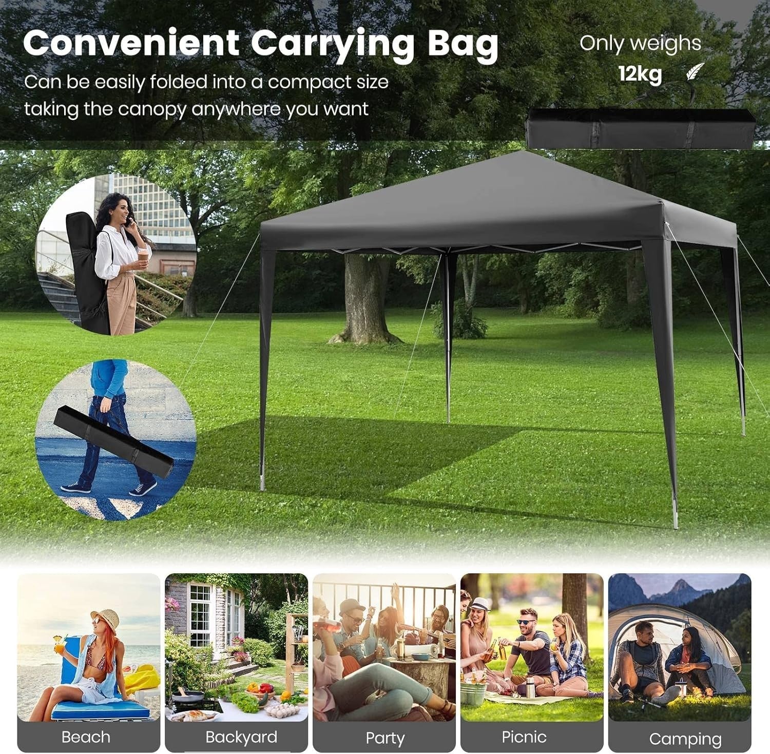 3x3m Pop Up Gazebo Adjustable Waterproof Outdoor Canopy w/ Roller Bag Grey