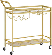Gold Bar Cart Drinks Trolley on Wheels Glass Shelves Wine Rack Holder