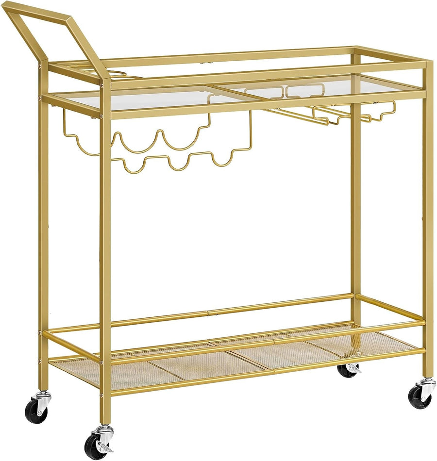 Gold Bar Cart Drinks Trolley on Wheels Glass Shelves Wine Rack Holder