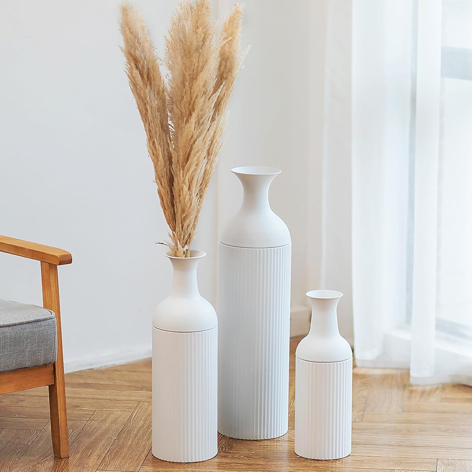 Tall White Metal Floor Vase Set Ribbed Modern Decor for Pampas Grass