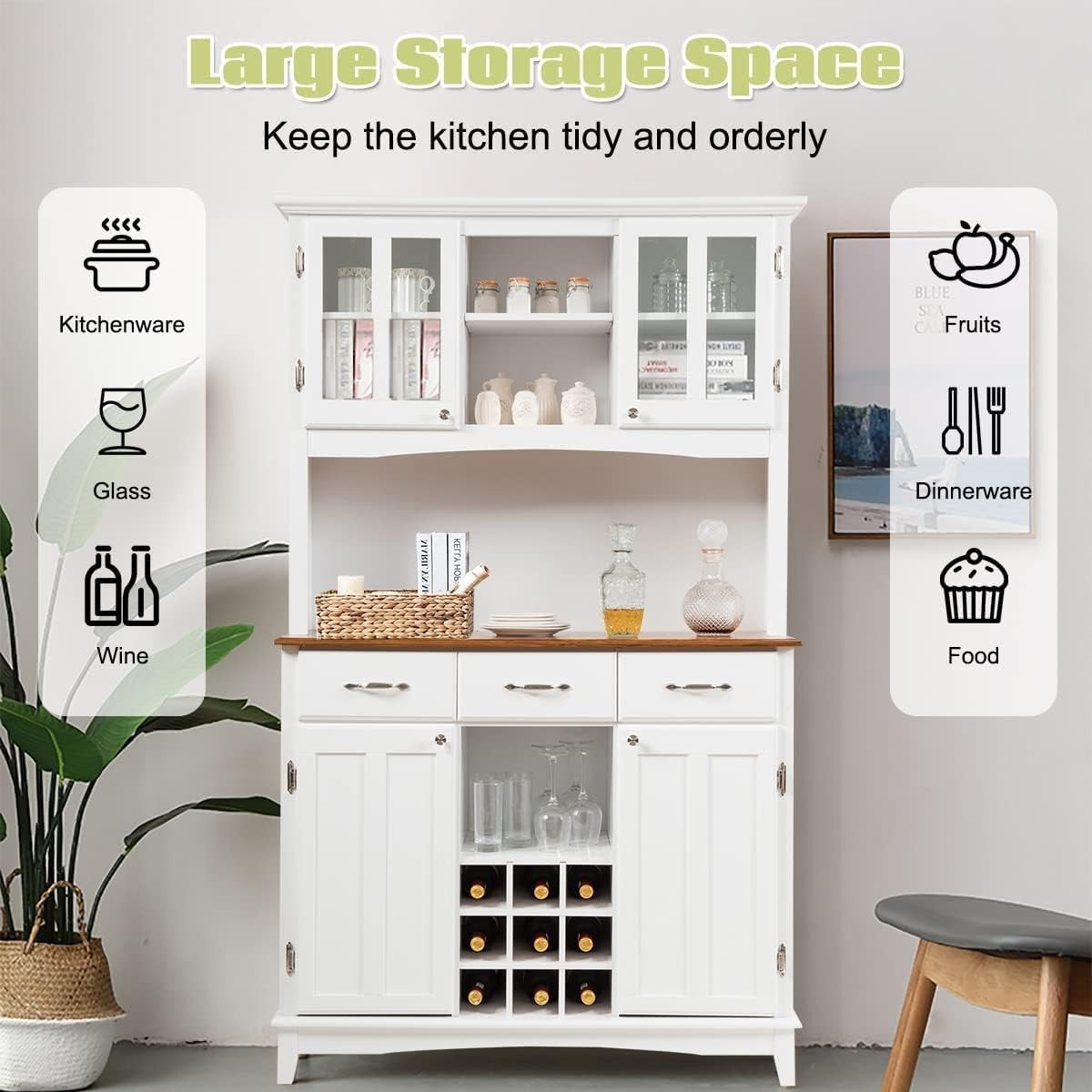 White Tall Kitchen Storage Cabinet Buffet Cupboard with Drawers & Wine