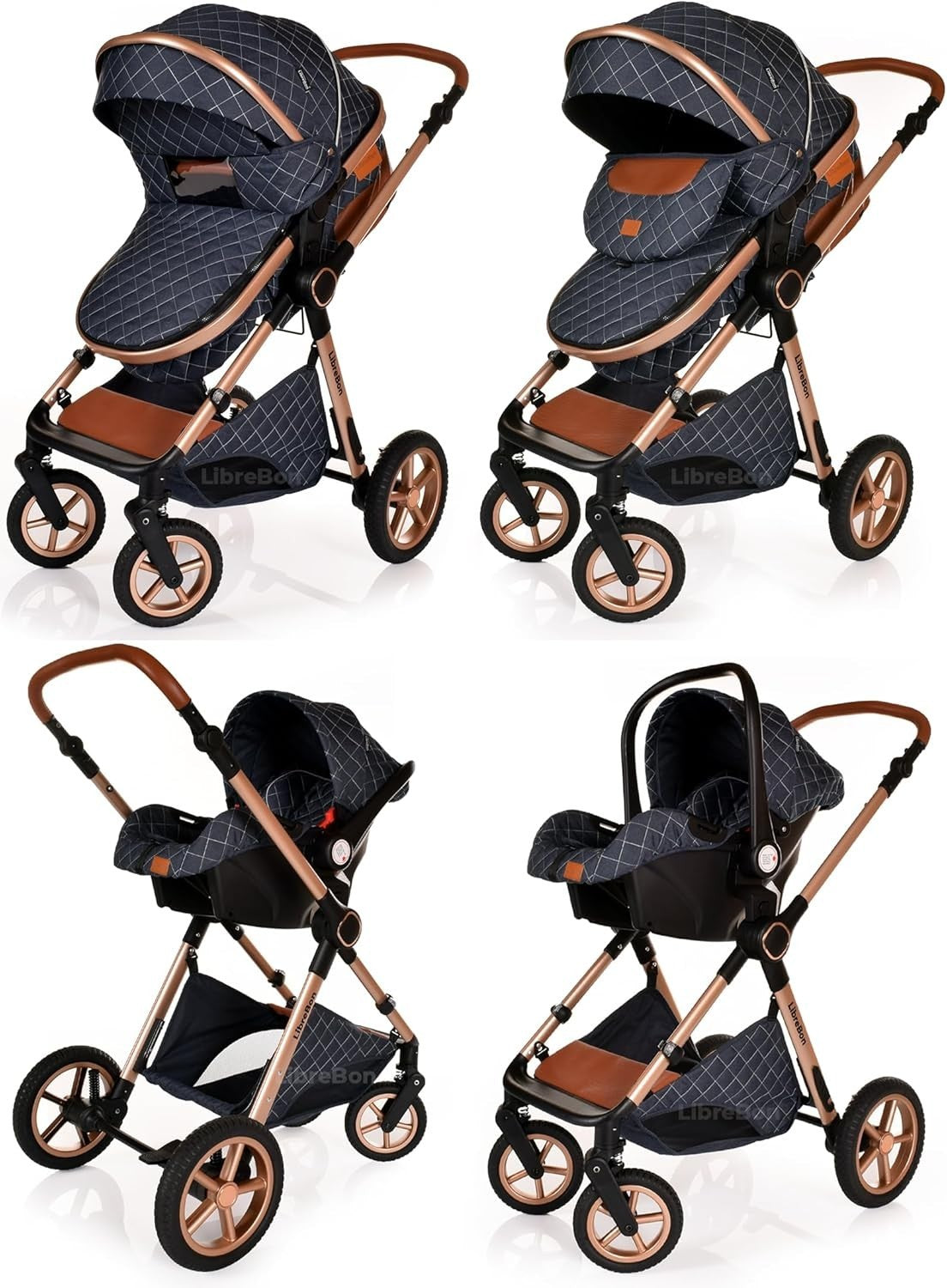 3-in-1 Baby Stroller Travel System Pram Pushchair Foldable Denim Blue