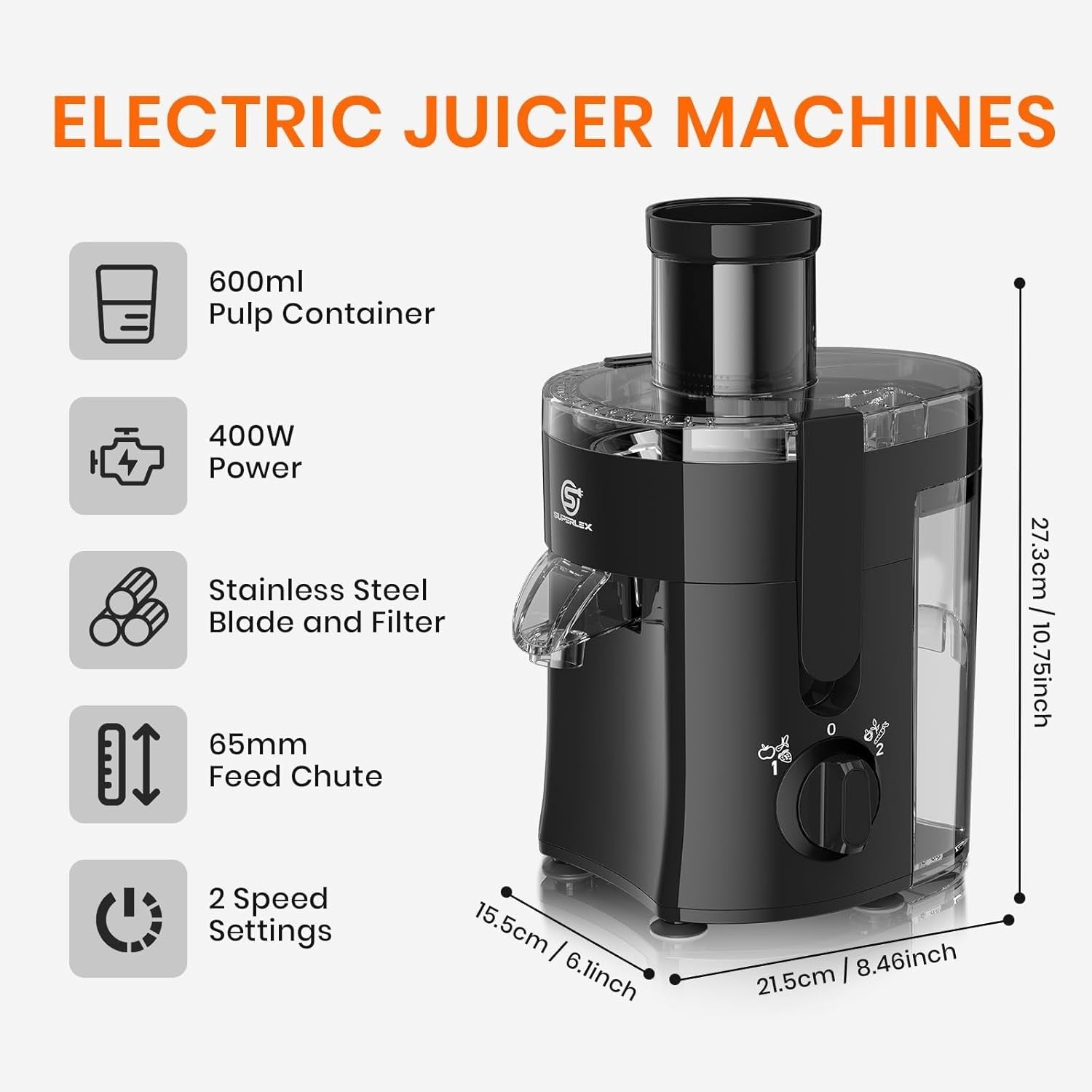 Juicer Machine 65mm Wide Feed Chute 2 Speed Whole Fruit Easy Clean 400W
