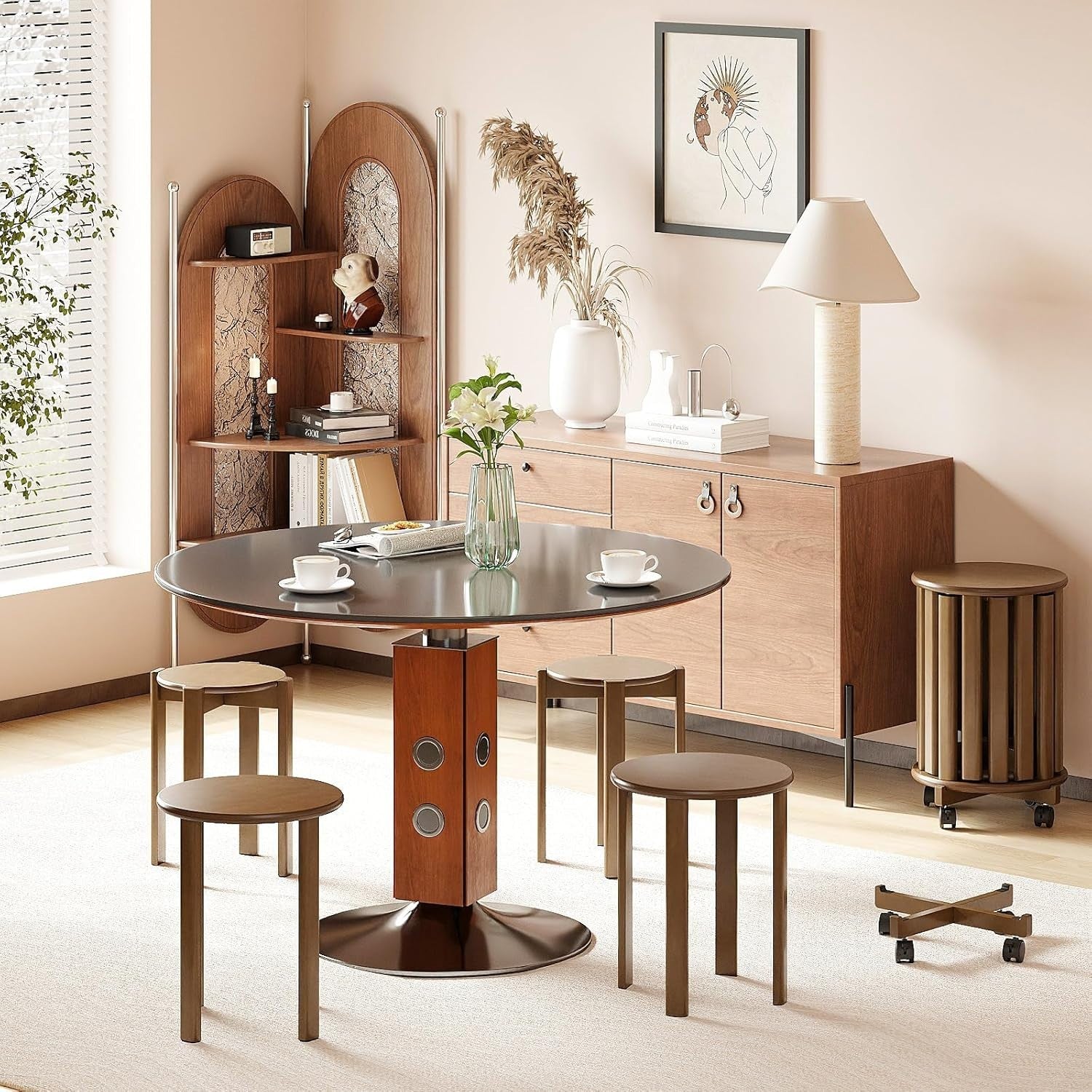 4-in-1 Bamboo Nesting Stools Set, Round Stackable End Tables with Wheels