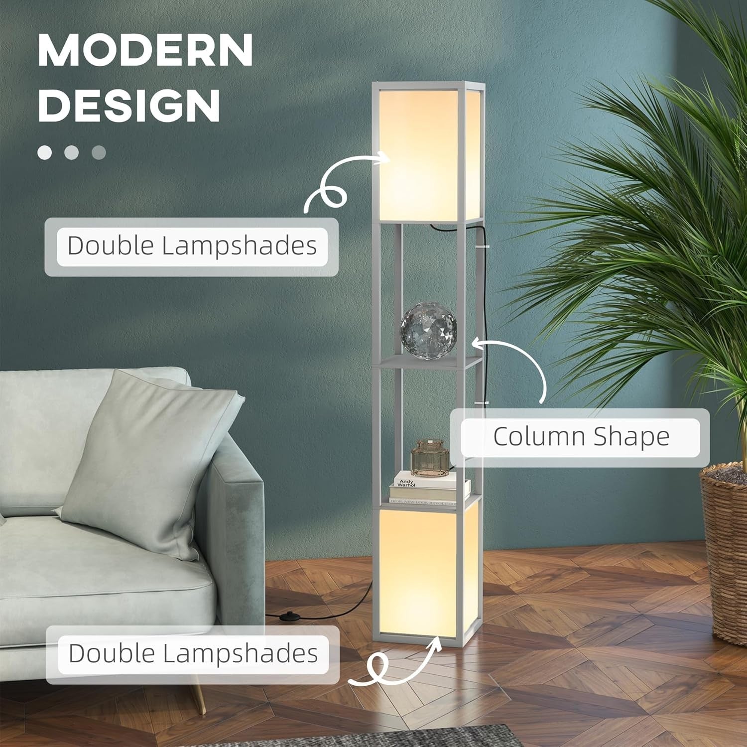 Floor Lamp with Shelves Dual Light Modern Corner Standing Lamp Fabric Shade