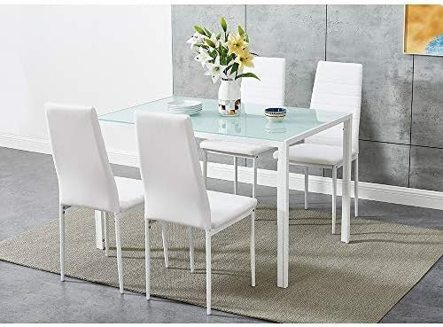 Rectangular Glass Dining Table Set 4 Chairs Modern White Faux Leather