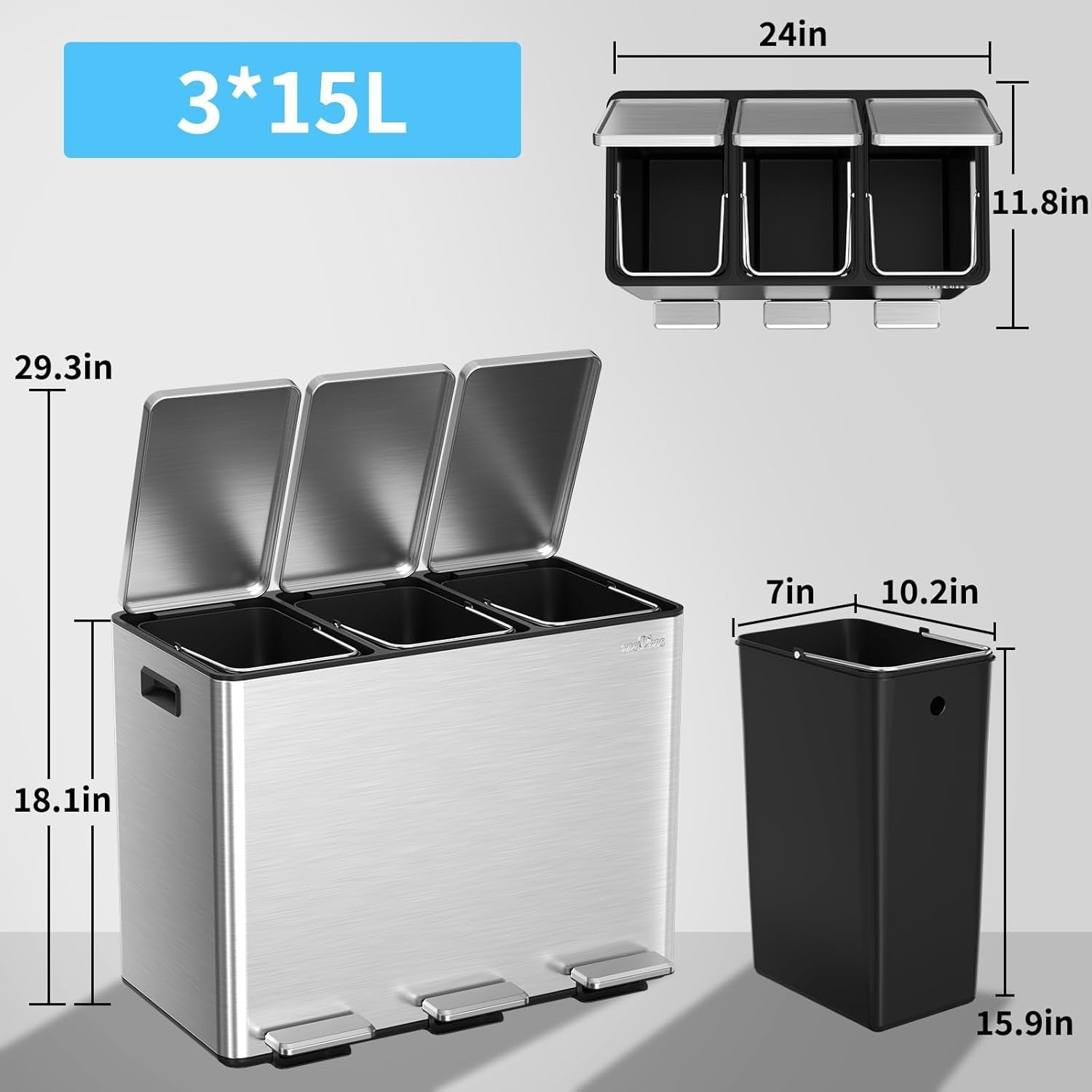 45L Triple Kitchen Recycling Bin 3x15L Stainless Steel Pedal Lid