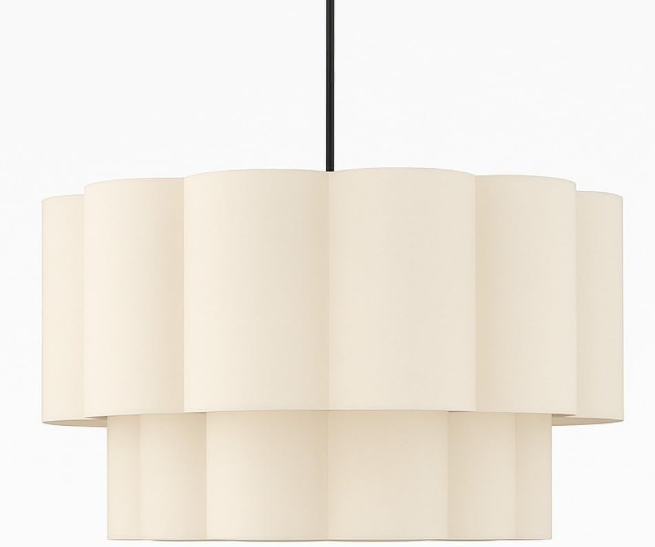 Scalloped Drum Lampshade Neutral Fabric Ceiling Pendant Modern Light