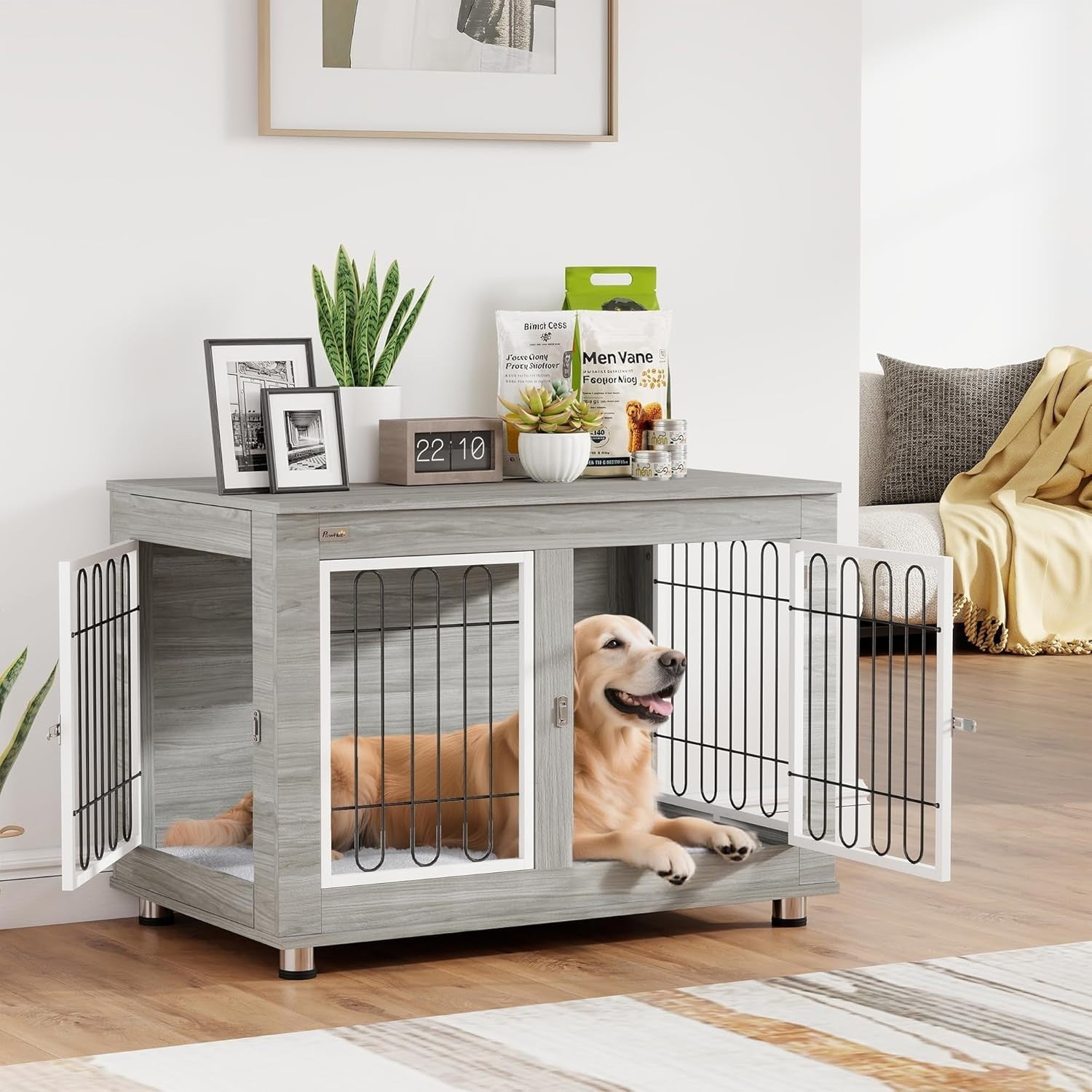 Indoor Dog Crate Furniture with Cushion | Side Table Style, Double Doors, 90cm